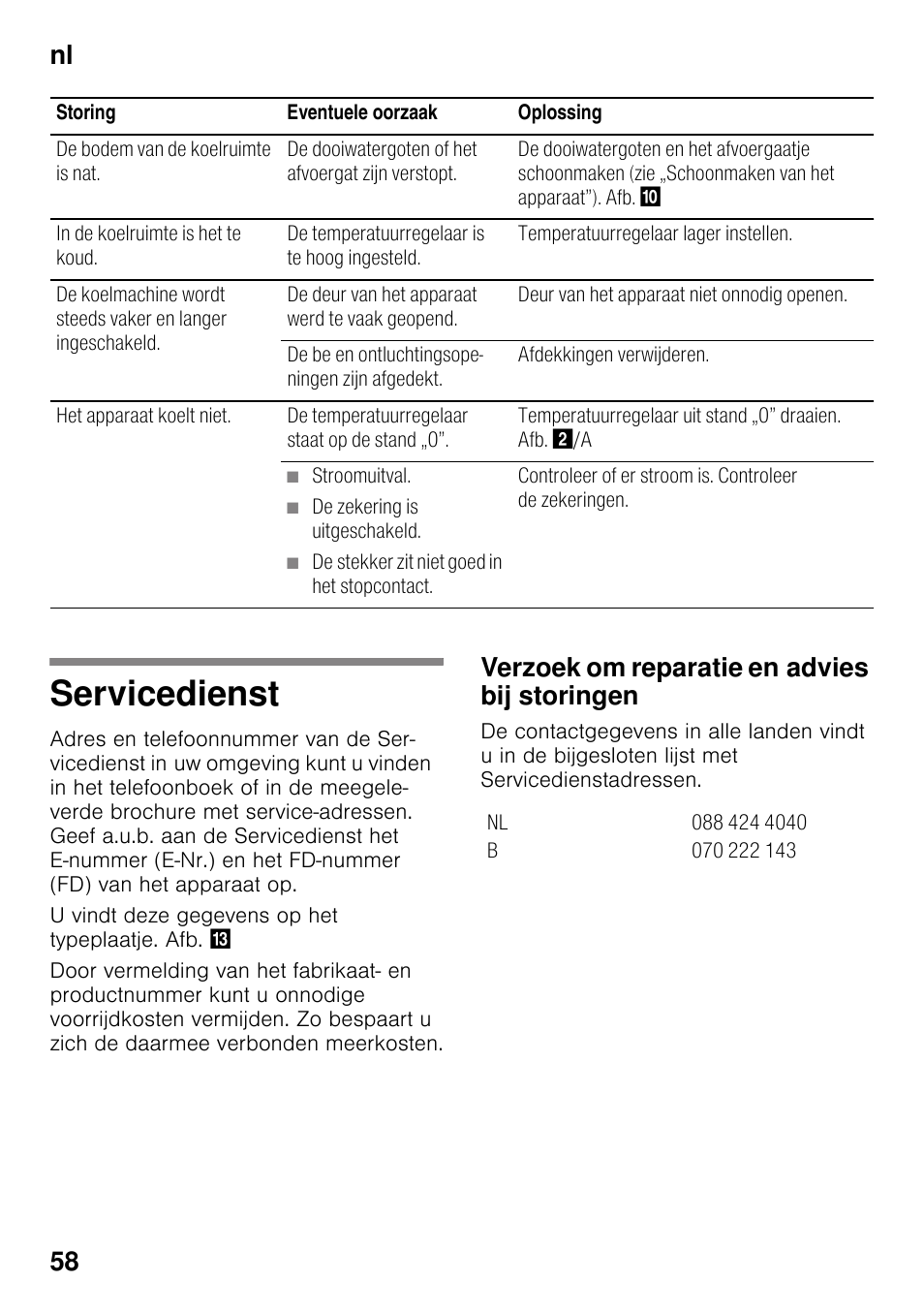 Servicedienst, Verzoek om reparatie en advies bij storingen, Nl 58 | Neff K4316X8 User Manual | Page 58 / 62