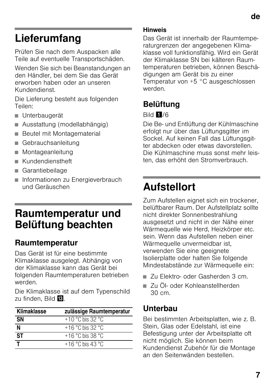 Lieferumfang, Raumtemperatur und belüftung beachten, Raumtemperatur | Belüftung, Aufstellort, Unterbau, Beachten aufstellort, De 7 | Neff K4316X8 User Manual | Page 7 / 62