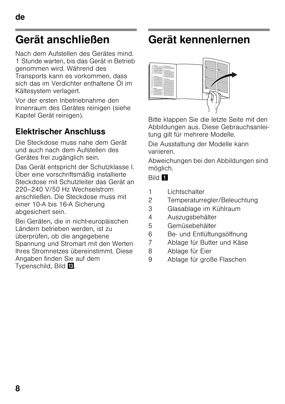 Gerät anschließen, Elektrischer anschluss, Gerät kennenlernen | Gerät anschließen gerät kennenlernen, De 8 | Neff K4316X8 User Manual | Page 8 / 62