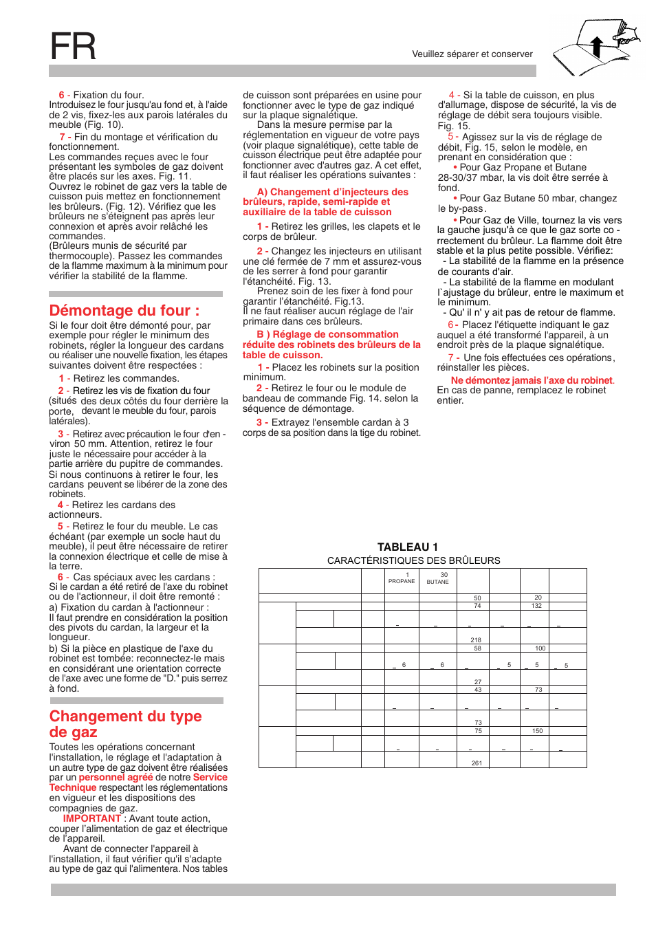 Démontage du four, Changement du type de gaz, Tableau 1 | Neff M3146N1 User Manual | Page 10 / 24