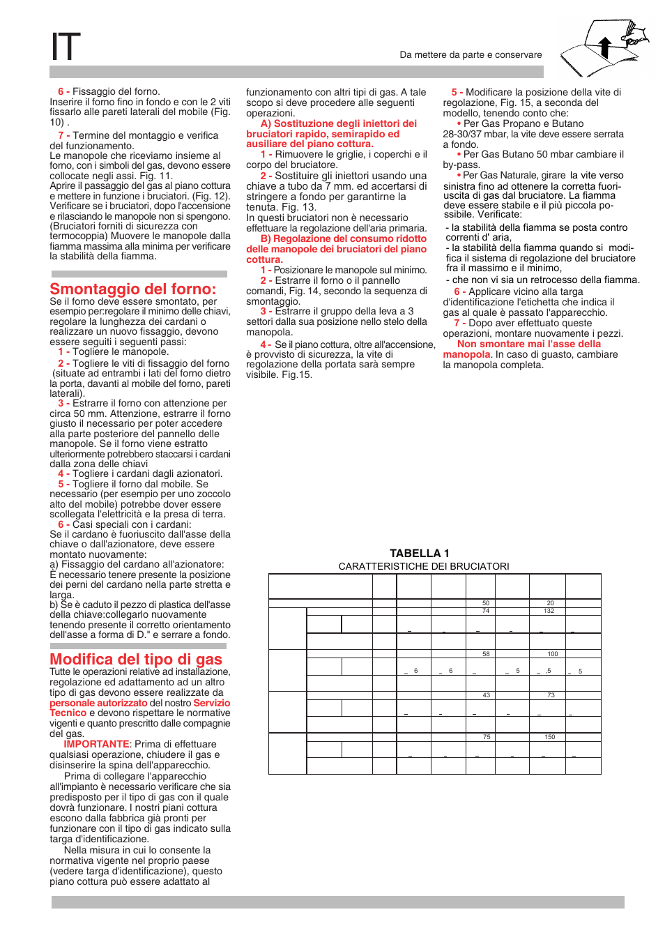 Smontaggio del forno, Modifica del tipo di gas, Tabella 1 | Tenuta. fig. 13 | Neff M3146N1 User Manual | Page 12 / 24