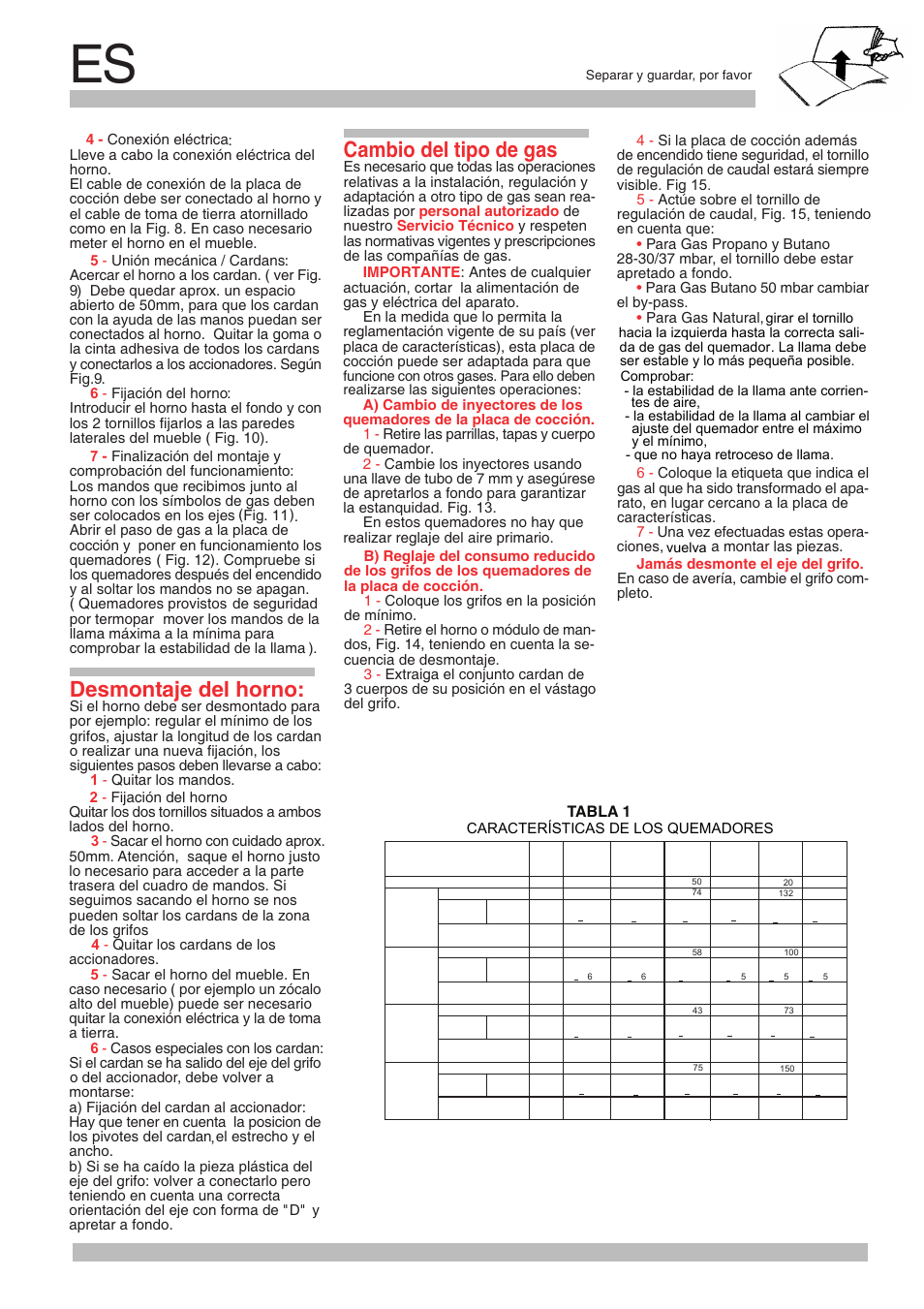 Desmontaje del horno, Cambio del tipo de gas, Tabla 1 | Neff M3146N1 User Manual | Page 14 / 24