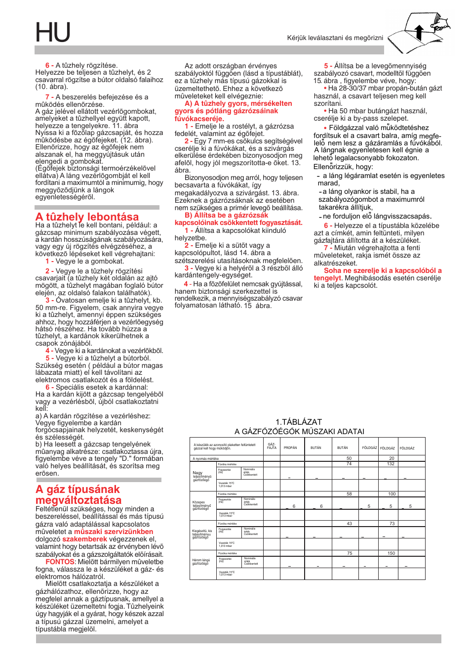 A tûzhely lebontása, A gáz típusának megváltoztatása, Táblázat | A gázfozoégok muszaki adatai | Neff M3146N1 User Manual | Page 22 / 24