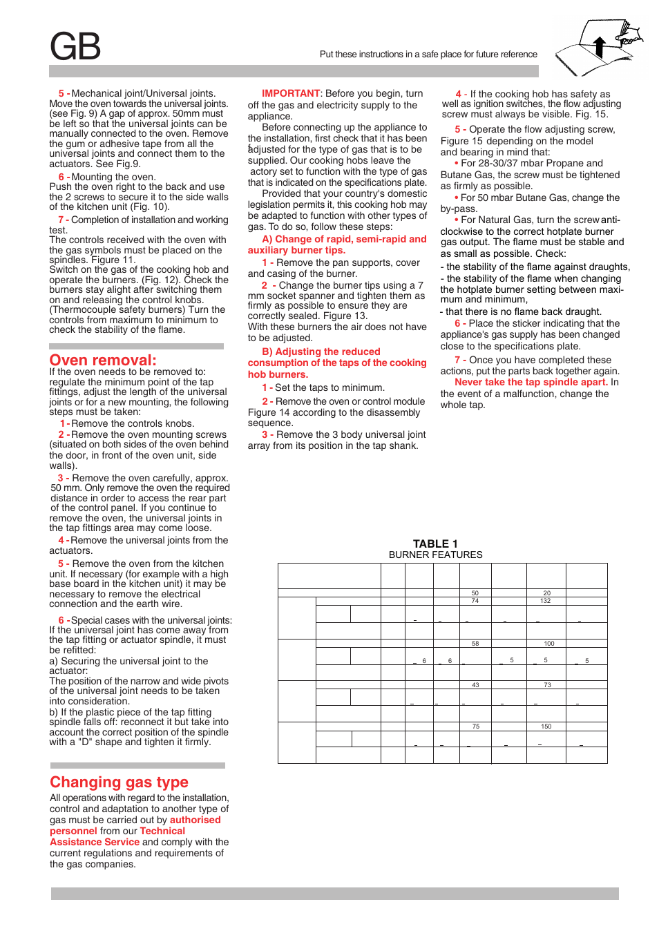 Oven removal, Changing gas type, Table 1 | Neff M3146N1 User Manual | Page 6 / 24