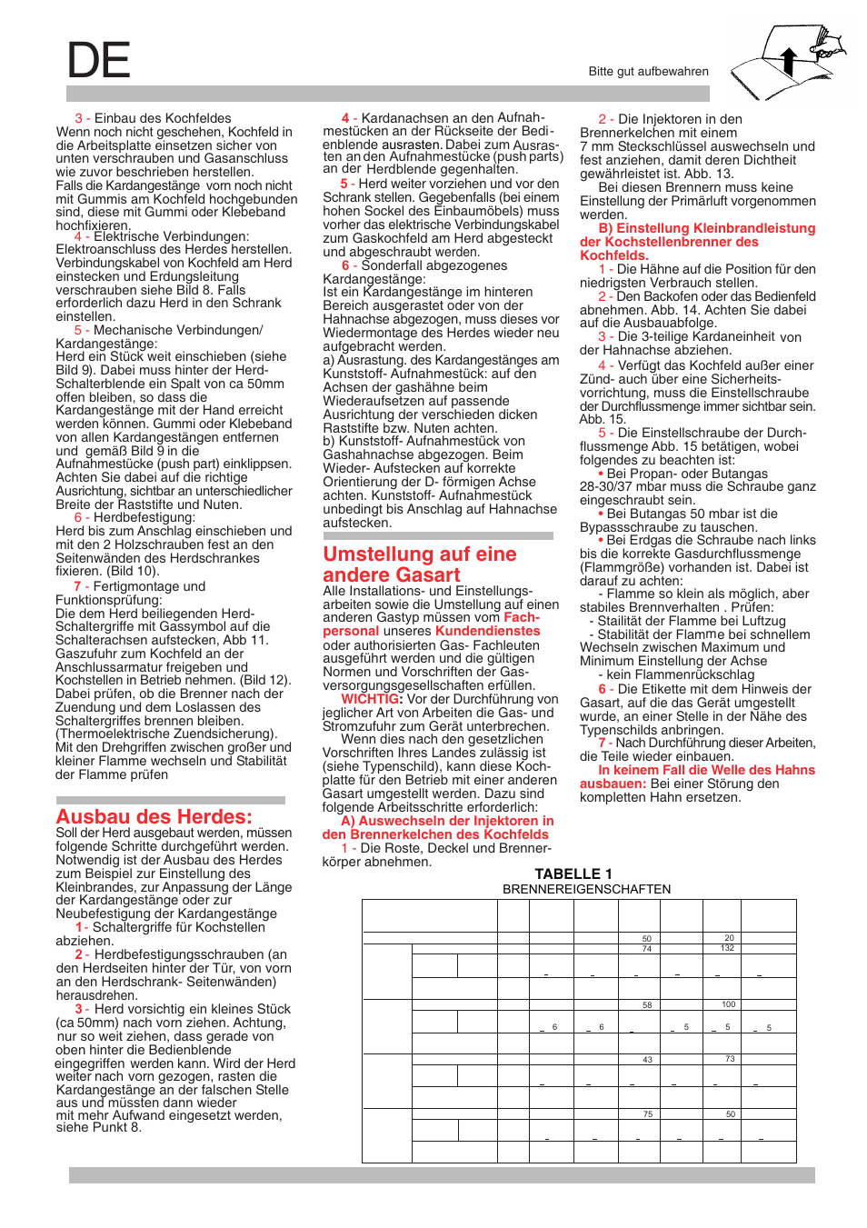 Ausbau des herdes, Umstellung auf eine andere gasart, Tabelle 1 | Neff M3146N1 User Manual | Page 8 / 24