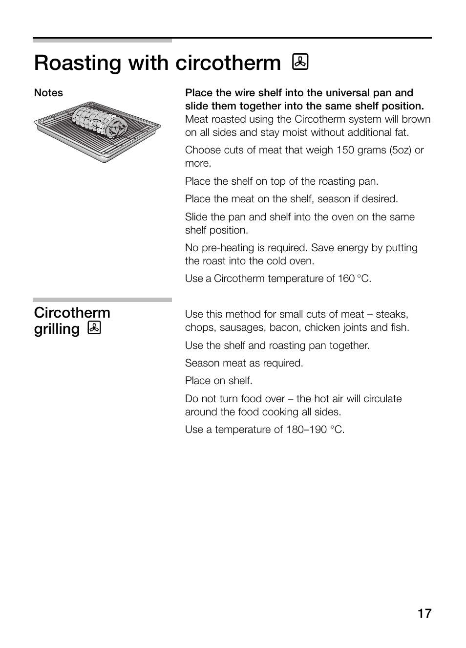 Roasting with circotherm, Circotherm, Grilling | Neff B132 User Manual | Page 17 / 32