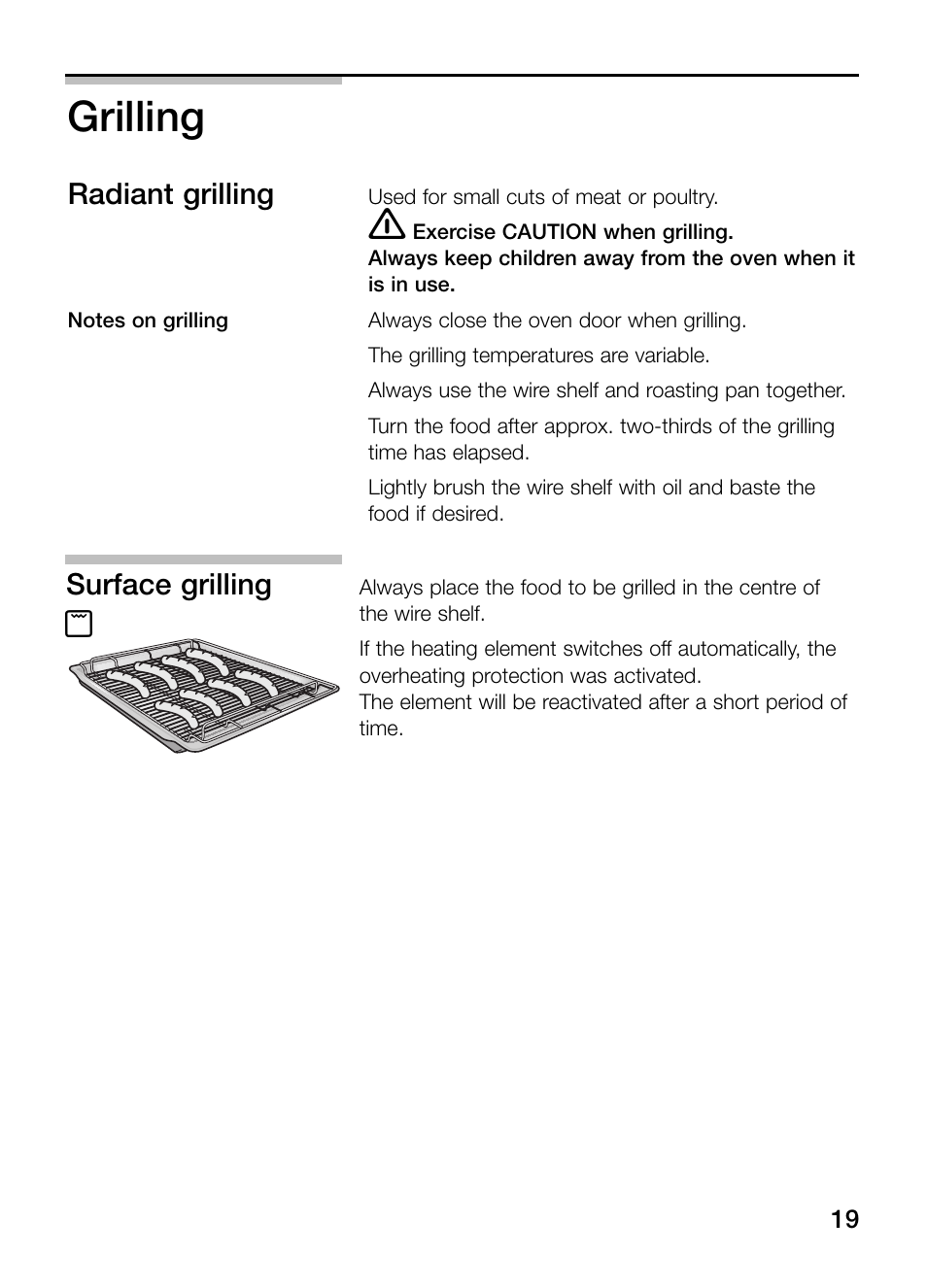 Grilling, Radiant grilling, Surface grilling | Neff B132 User Manual | Page 19 / 32