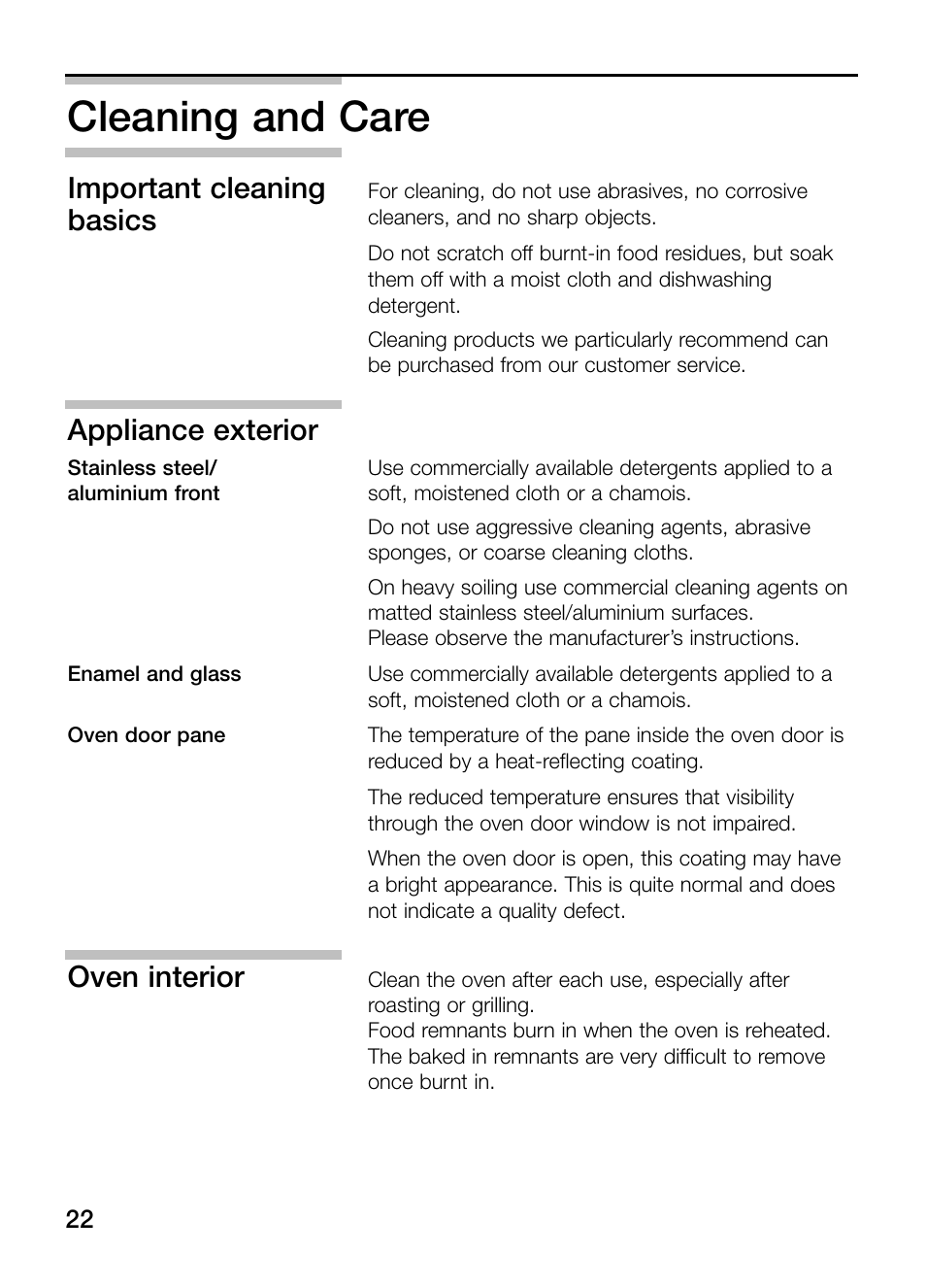 Cleaning and care, Important cleaning, Basics | Appliance exterior, Oven interior | Neff B132 User Manual | Page 22 / 32