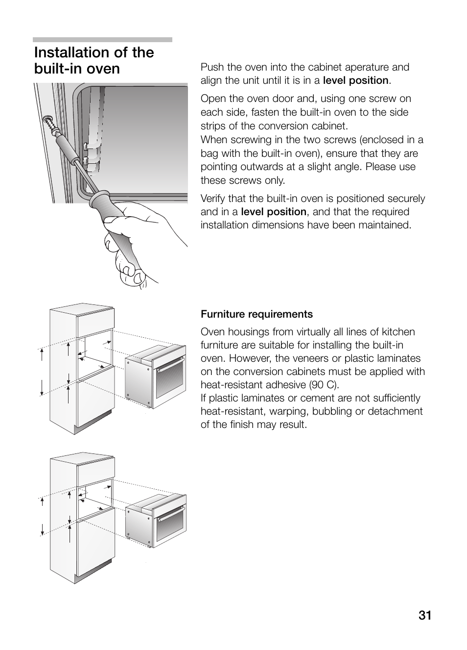 Installation of the built-in oven | Neff B132 User Manual | Page 31 / 32
