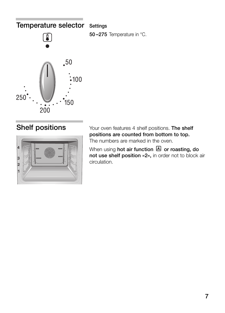 Temperature selector, Shelf positions | Neff B132 User Manual | Page 7 / 32