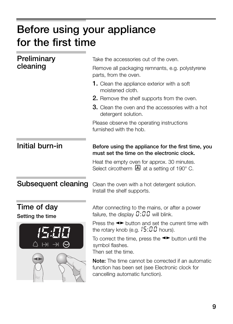 Before using your appliance for the first time, Preliminary, Cleaning | Initial burn-in, Subsequent cleaning, Time of day | Neff B132 User Manual | Page 9 / 32