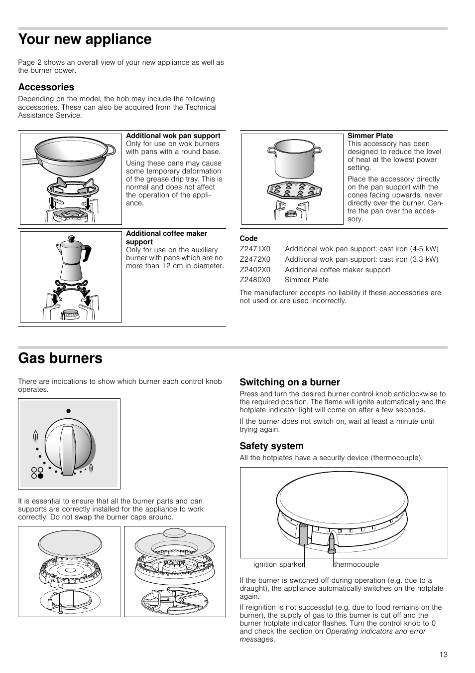 Your new appliance, Accessories, Code | Gas burners, Switching on a burner, Safety system, W appliance | Neff T26R86N0 User Manual | Page 13 / 35