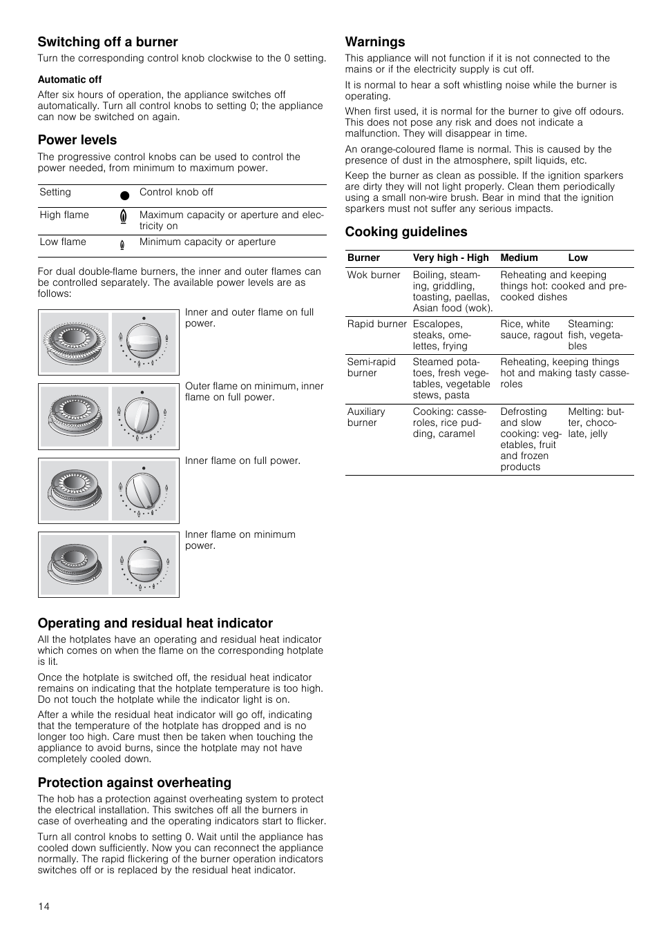 Switching off a burner, Automatic off, Power levels | Operating and residual heat indicator, Protection against overheating, Warnings, Cooking guidelines | Neff T26R86N0 User Manual | Page 14 / 35