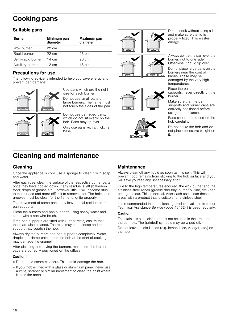 Cooking pans, Suitable pans, Precautions for use | Cleaning and maintenance, Cleaning, Caution, Maintenance, Suitable pans precautions for use | Neff T26R86N0 User Manual | Page 16 / 35