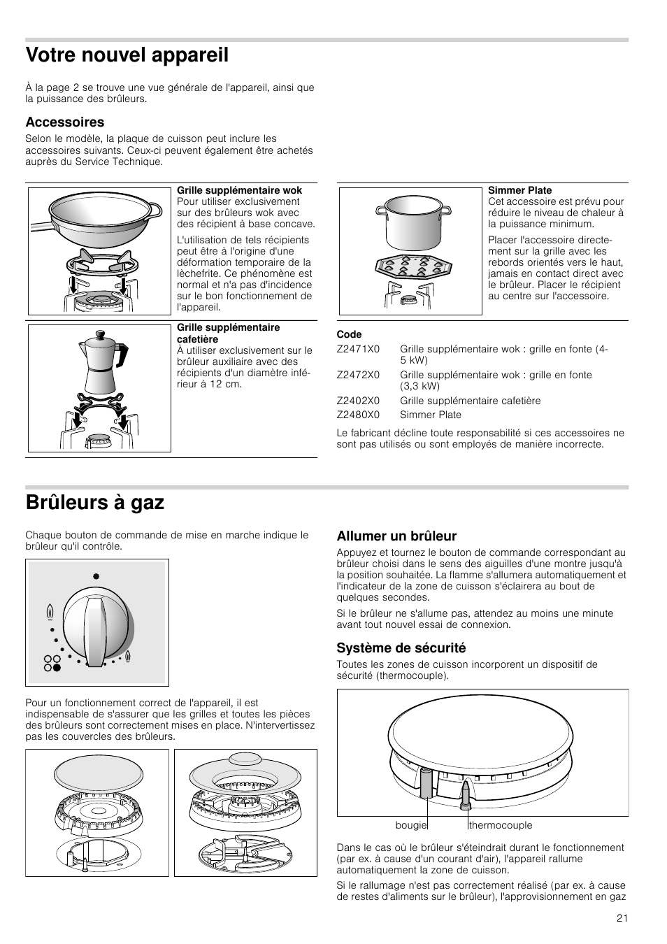 Votre nouvel appareil, Accessoires, Code | Brûleurs à gaz, Allumer un brûleur, Système de sécurité | Neff T26R86N0 User Manual | Page 21 / 35