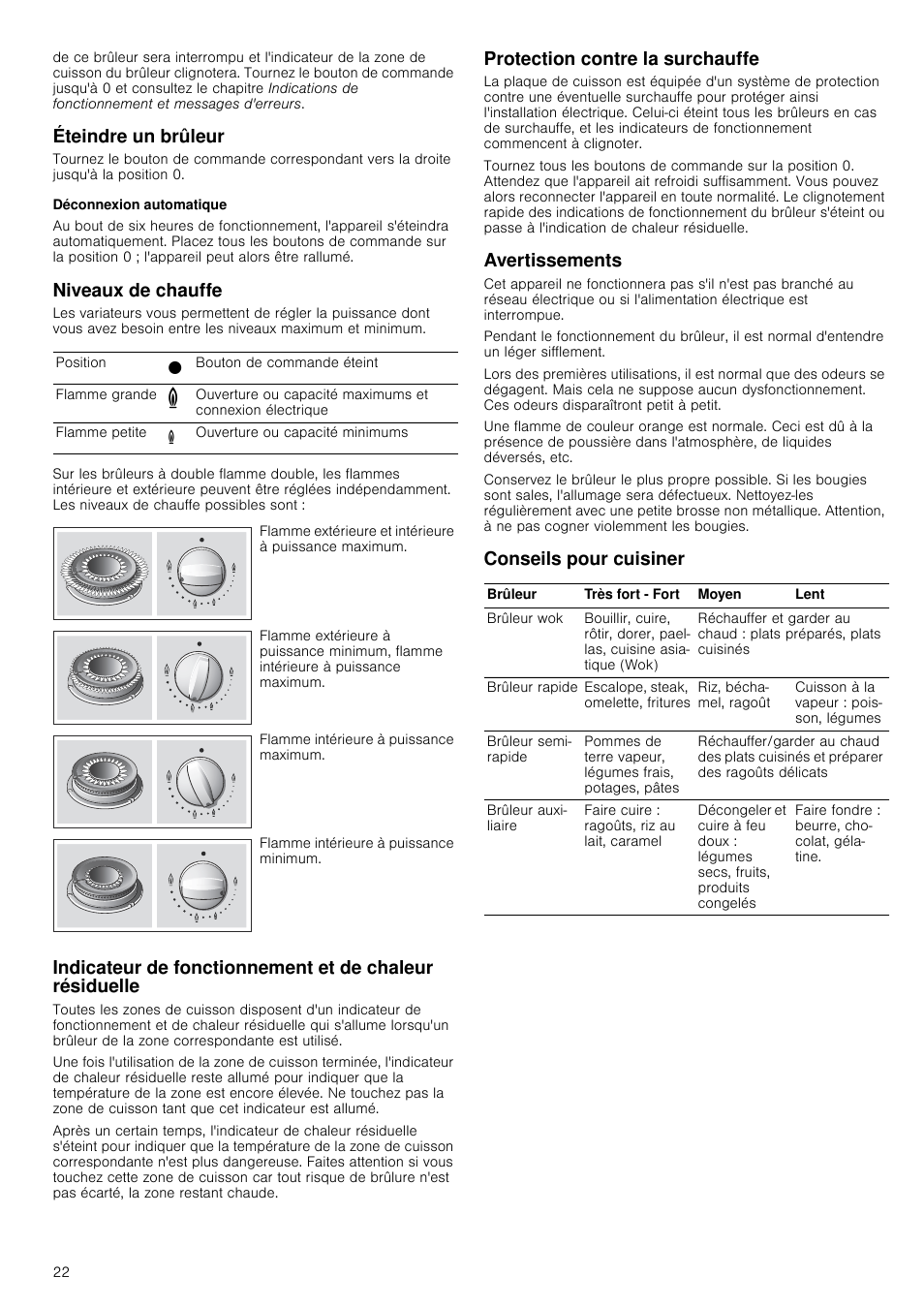 Éteindre un brûleur, Déconnexion automatique, Niveaux de chauffe | Protection contre la surchauffe, Avertissements, Conseils pour cuisiner | Neff T26R86N0 User Manual | Page 22 / 35