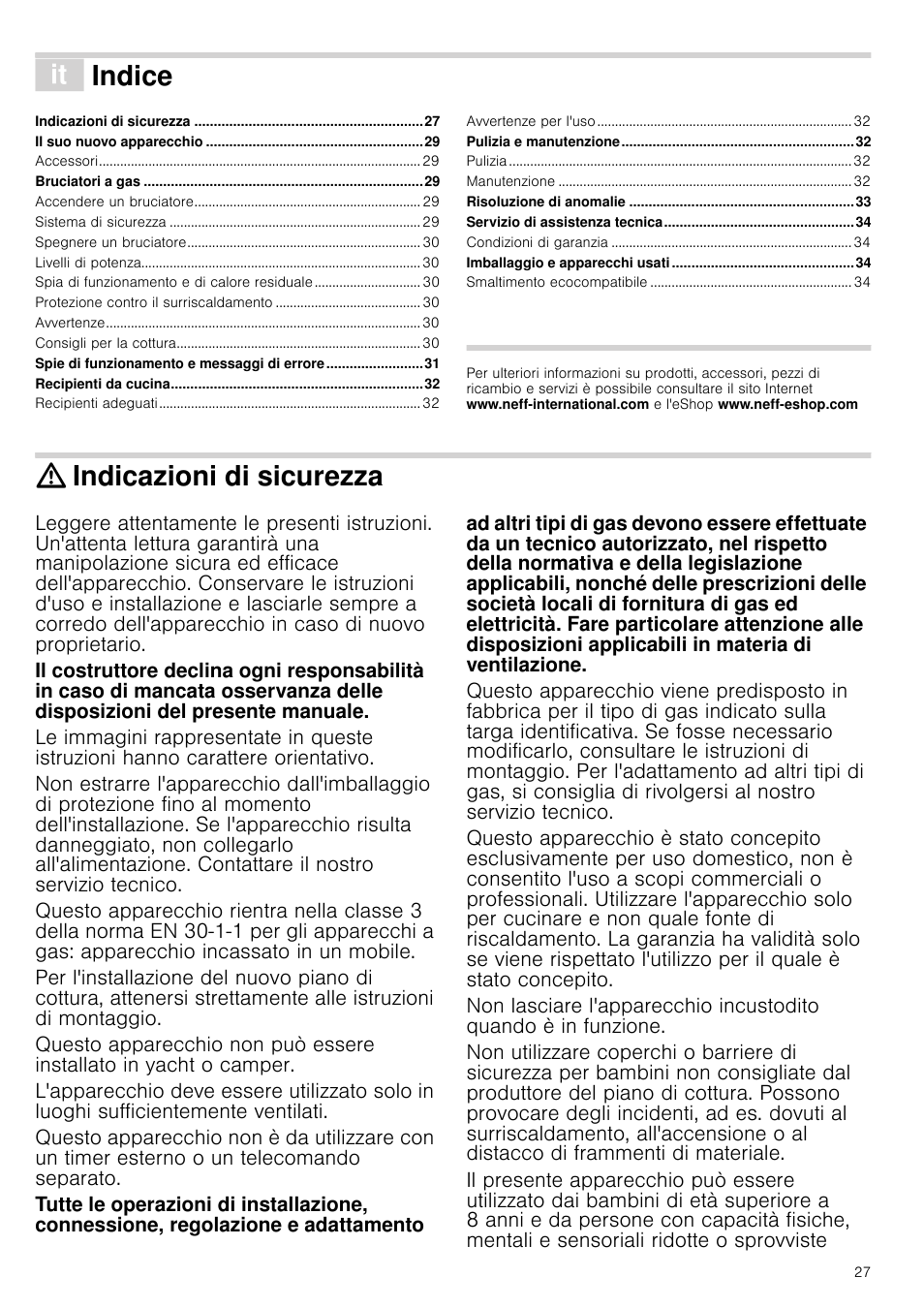 Â indice[it] istruzioni per l’uso, Indicazioni di sicurezza, Istruzioni per l’uso | Indice | Neff T26R86N0 User Manual | Page 27 / 35