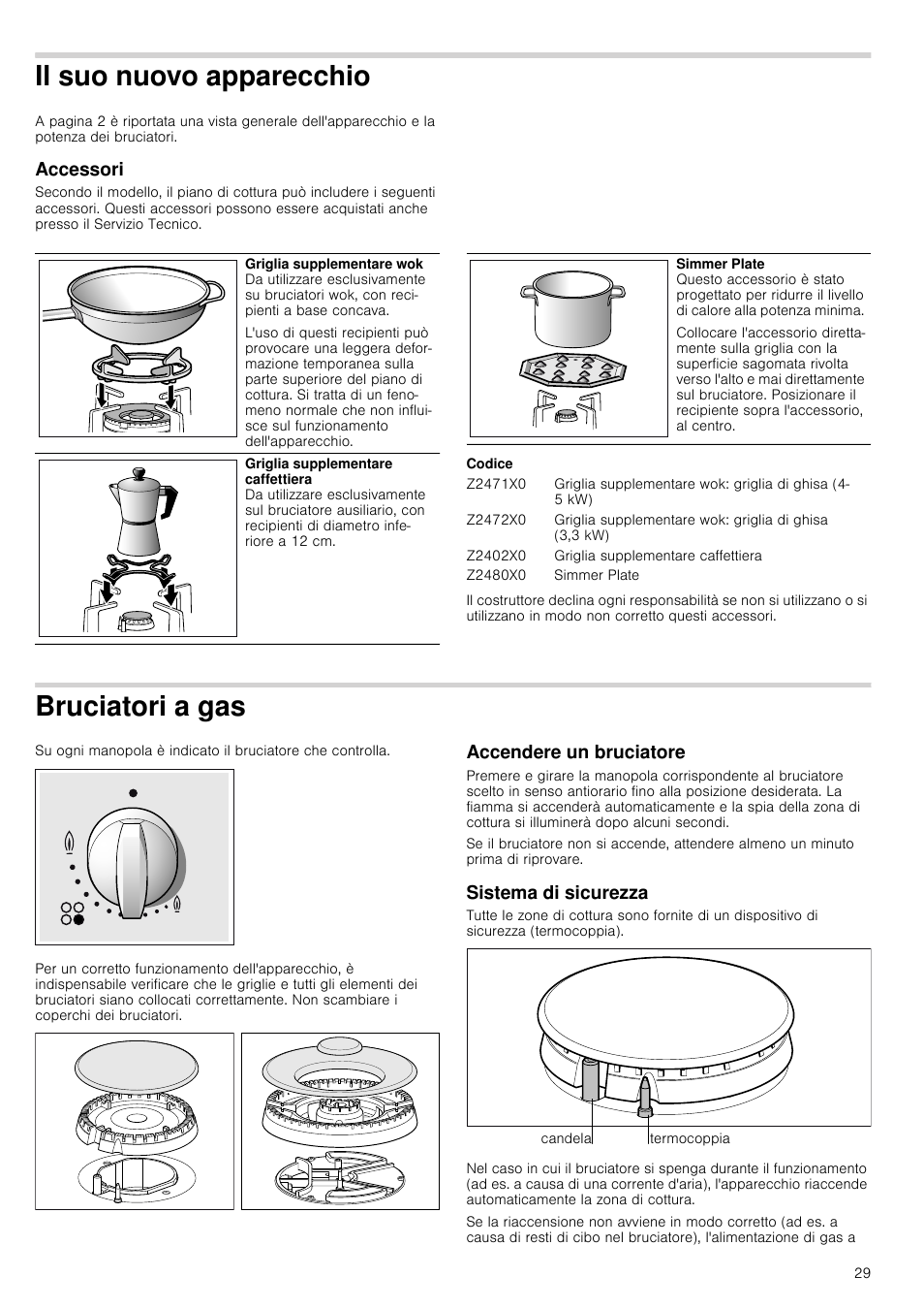 Il suo nuovo apparecchio, Accessori, Codice | Bruciatori a gas, Accendere un bruciatore, Sistema di sicurezza | Neff T26R86N0 User Manual | Page 29 / 35