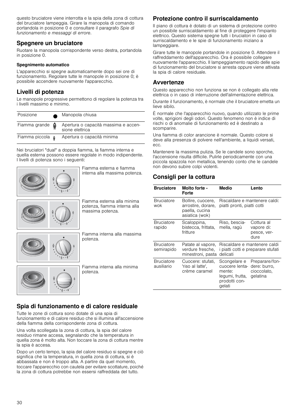 Spegnere un bruciatore, Spegnimento automatico, Livelli di potenza | Spia di funzionamento e di calore residuale, Protezione contro il surriscaldamento, Avvertenze, Consigli per la cottura | Neff T26R86N0 User Manual | Page 30 / 35