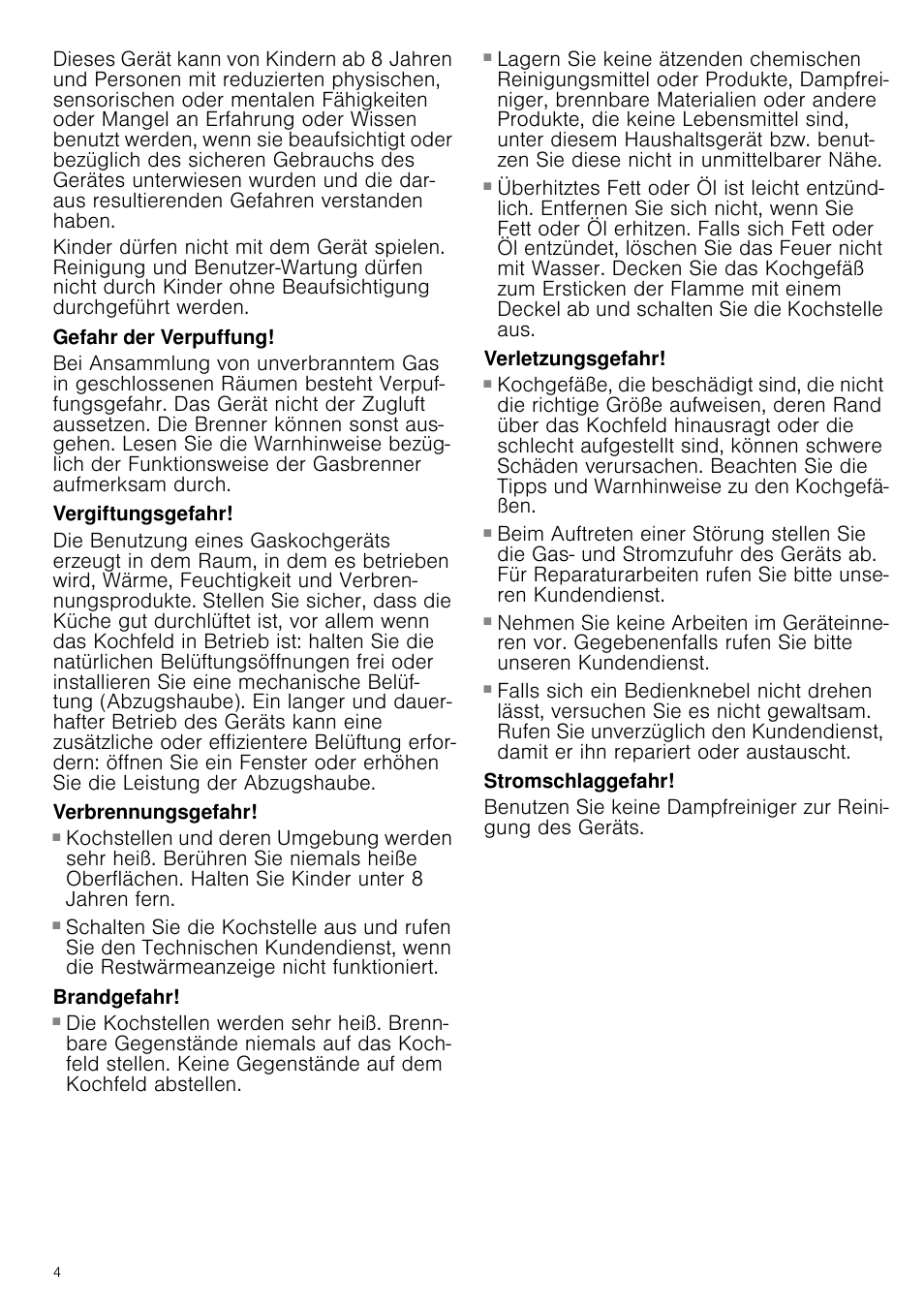 Gefahr der verpuffung, Vergiftungsgefahr, Verbrennungsgefahr | Brandgefahr, Verletzungsgefahr, Stromschlaggefahr | Neff T26R86N0 User Manual | Page 4 / 35