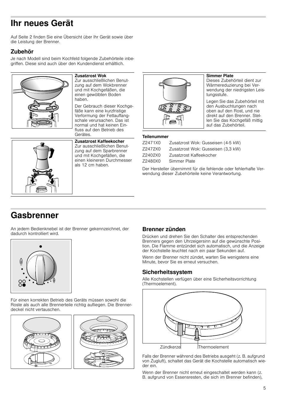 Ihr neues gerät, Zubehör, Teilenummer | Gasbrenner, Brenner zünden, Sicherheitssystem, Zubehör gasbrenner brenner zünden | Neff T26R86N0 User Manual | Page 5 / 35
