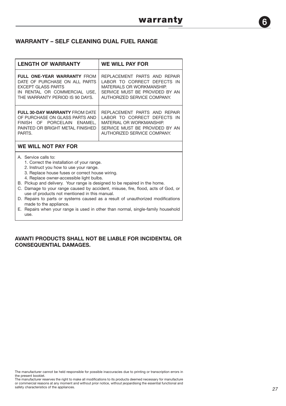 Warranty | Avanti DGE 2403 SC User Manual | Page 27 / 56