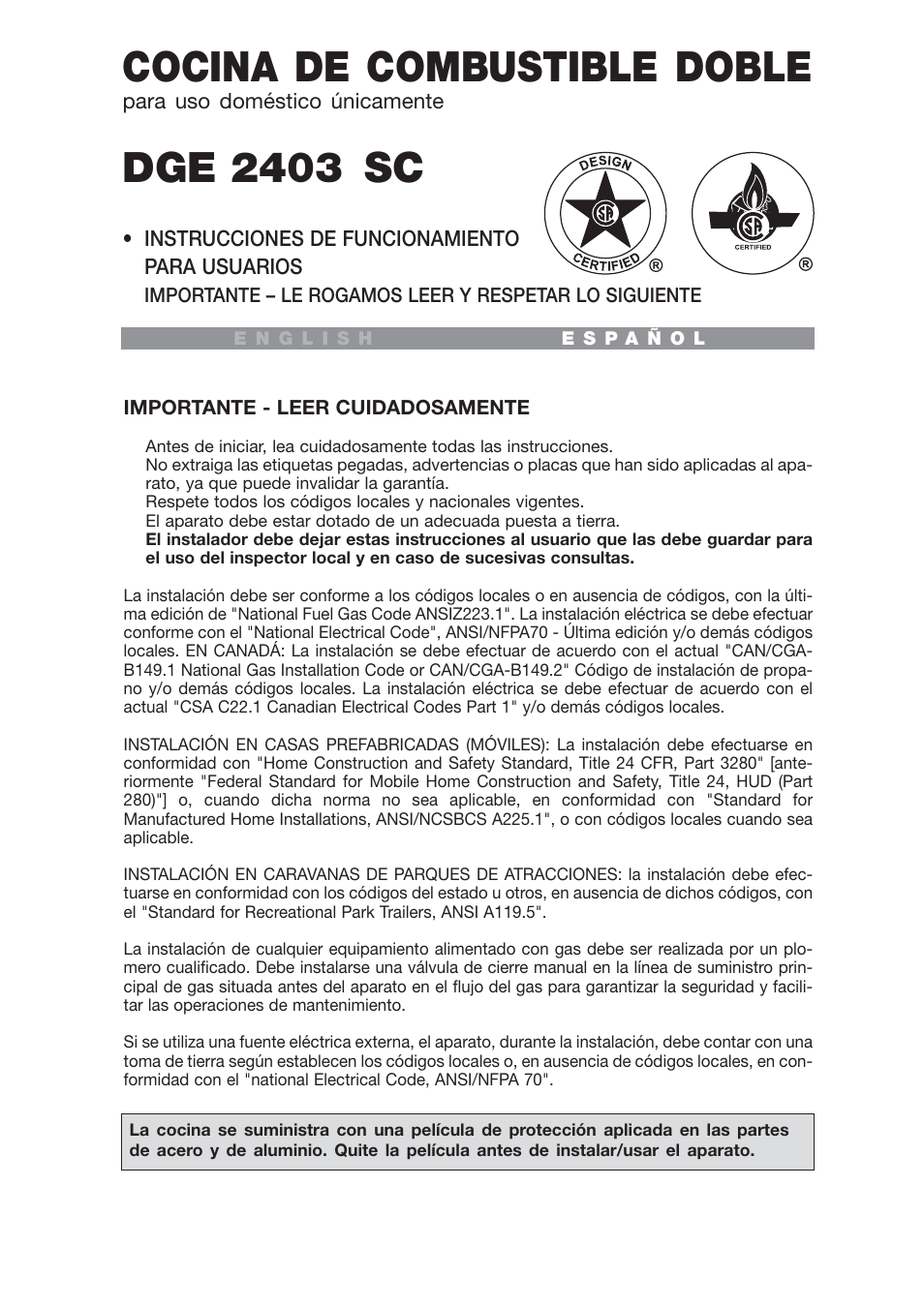 Cocina de combustible doble, Dge 2403 sc | Avanti DGE 2403 SC User Manual | Page 29 / 56