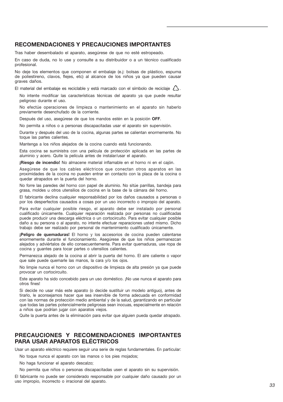 Recomendaciones y precauciones importantes | Avanti DGE 2403 SC User Manual | Page 33 / 56