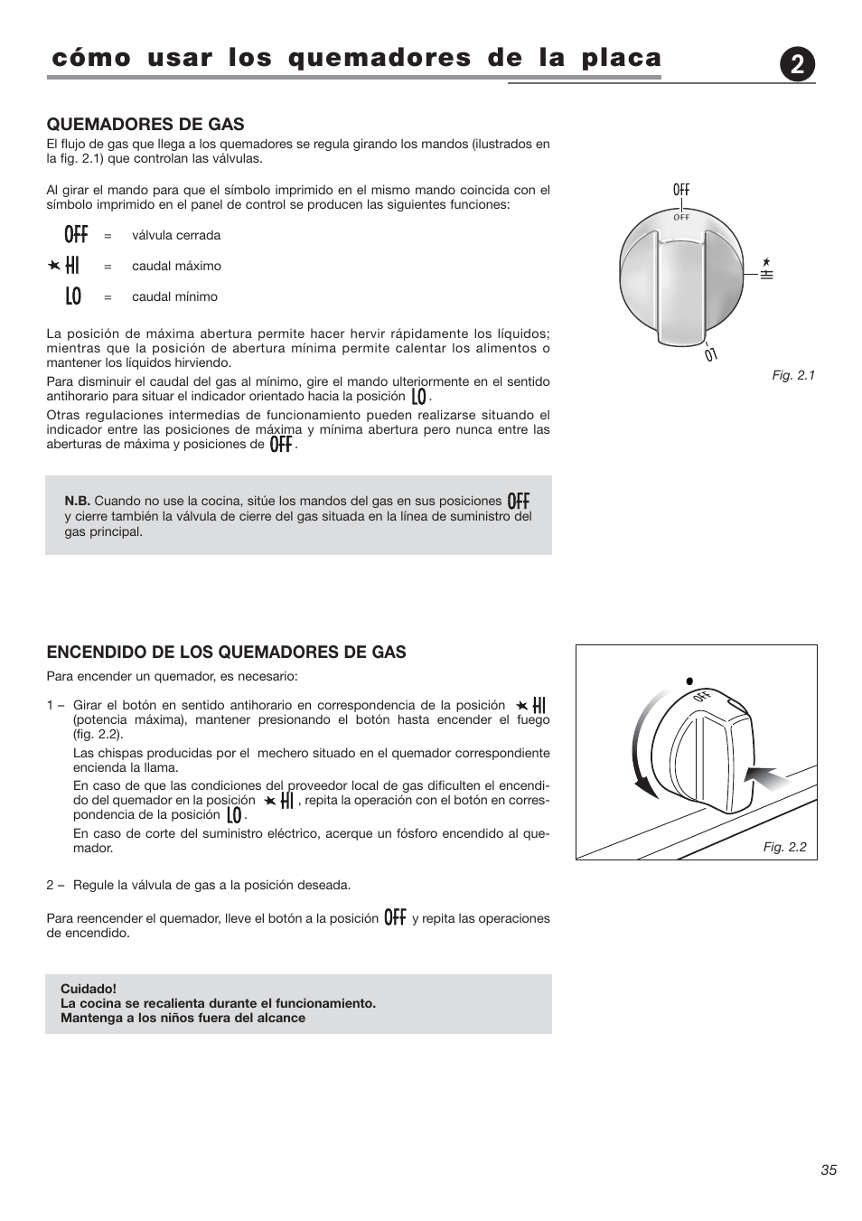 Cómo usar los quemadores de la placa, Quemadores de gas, Encendido de los quemadores de gas | Avanti DGE 2403 SC User Manual | Page 35 / 56