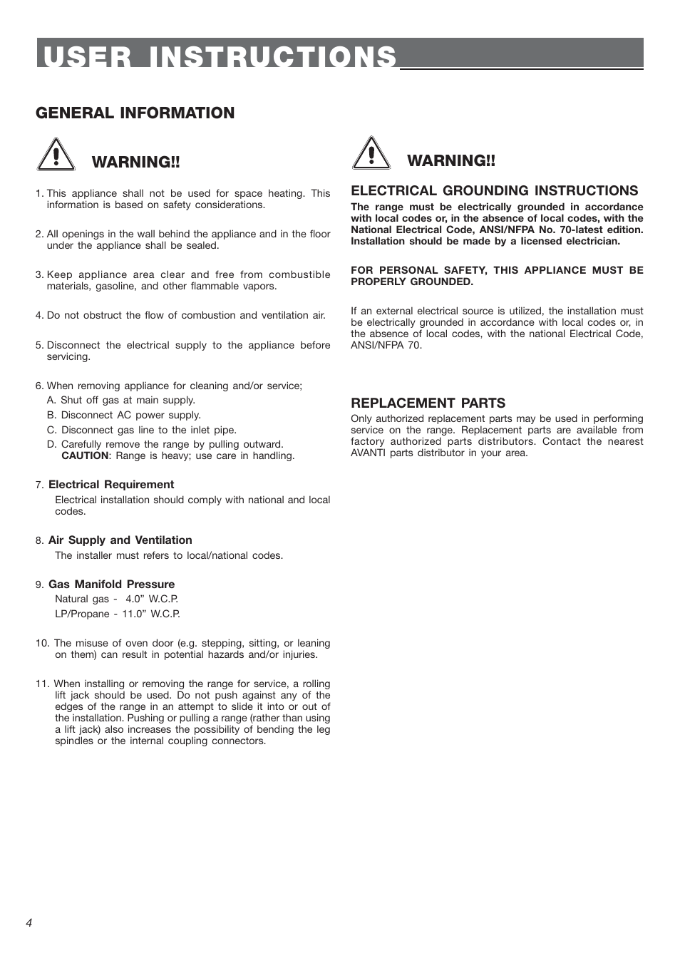 User instructions, General information warning, Warning | Avanti DGE 2403 SC User Manual | Page 4 / 56