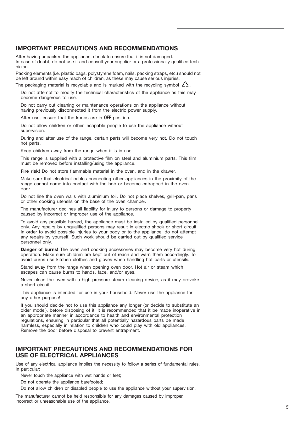 Important precautions and recommendations | Avanti DGE 2403 SC User Manual | Page 5 / 56