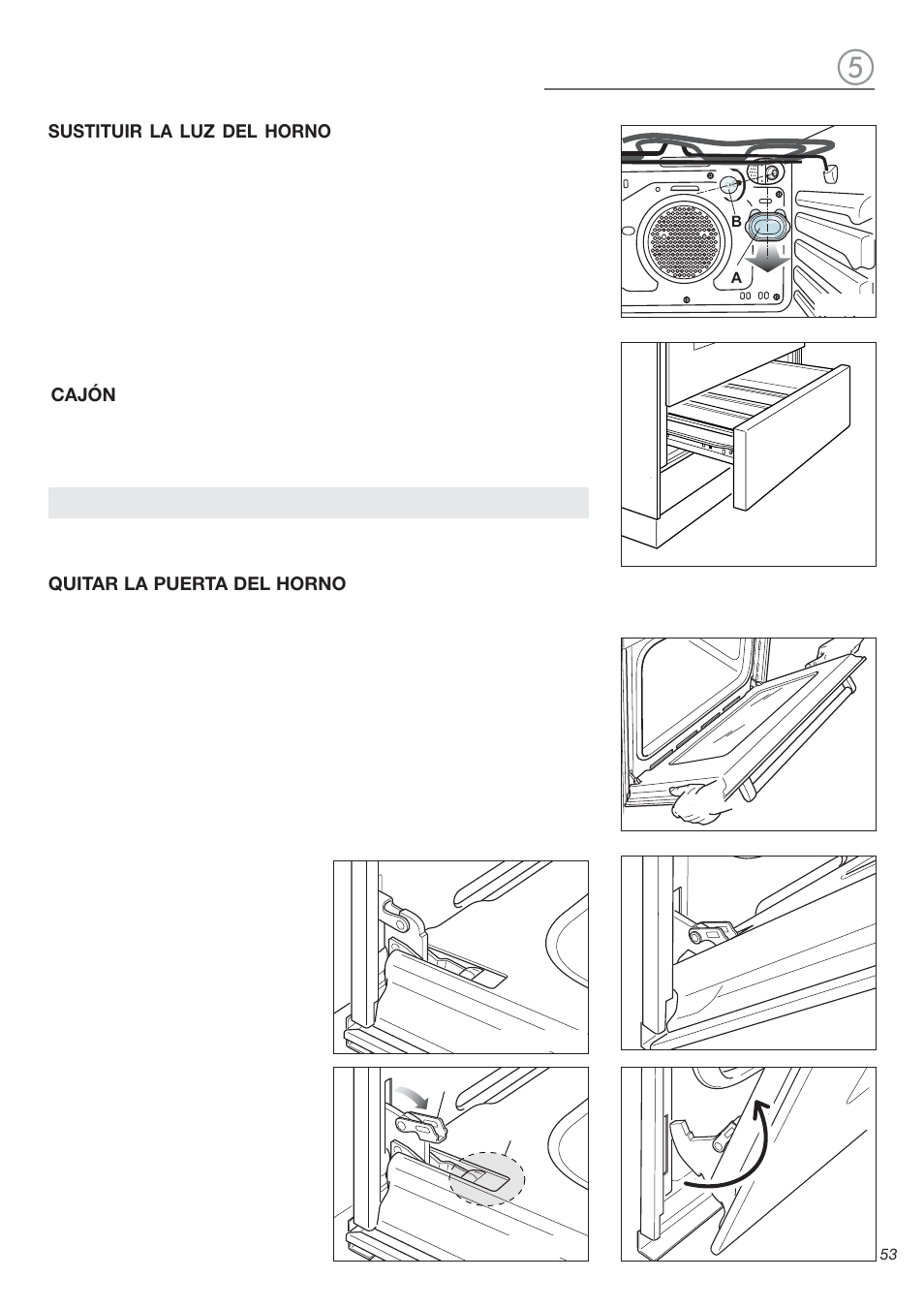 Sustituir la luz del horno, Cajón, Quitar la puerta del horno | Avanti DGE 2403 SC User Manual | Page 53 / 56