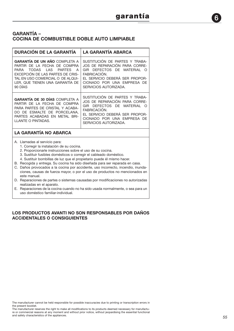 Garantía | Avanti DGE 2403 SC User Manual | Page 55 / 56