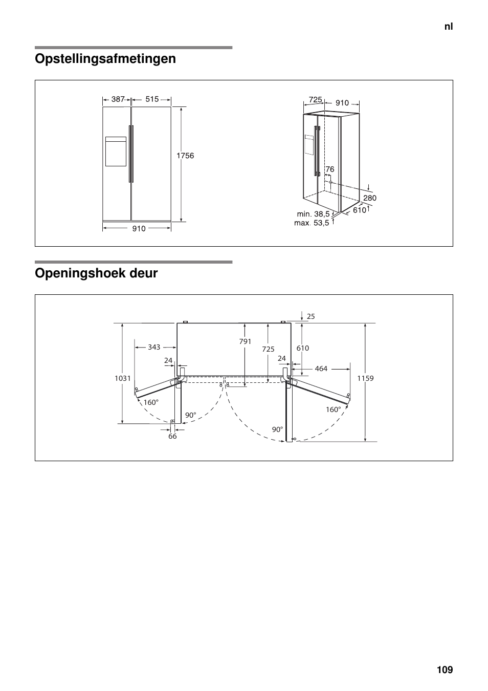 Opstellingsafmetingen, Openingshoek deur, Opstellingsafmetingen openingshoek deur | Neff K5920D1 User Manual | Page 109 / 129