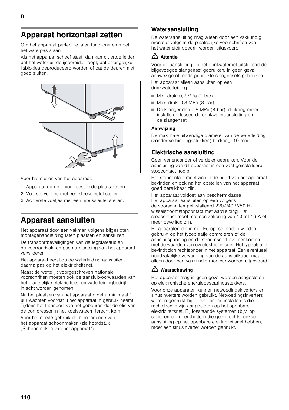 Apparaat horizontaal zetten, Apparaat aansluiten, Wateraansluiting | Elektrische aansluiting, Apparaat horizontaal zetten apparaat aansluiten | Neff K5920D1 User Manual | Page 110 / 129