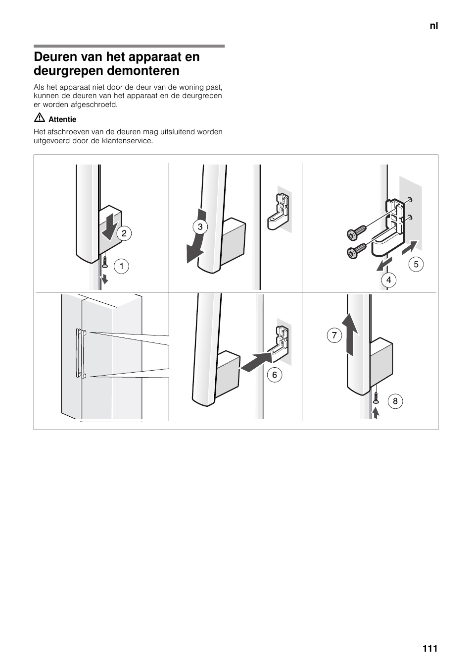 Deuren van het apparaat en deurgrepen demonteren, Demonteren | Neff K5920D1 User Manual | Page 111 / 129