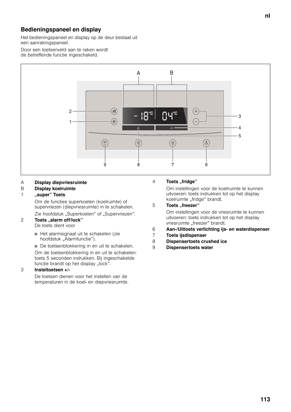 Bedieningspaneel en display, Nl 113 bedieningspaneel en display | Neff K5920D1 User Manual | Page 113 / 129