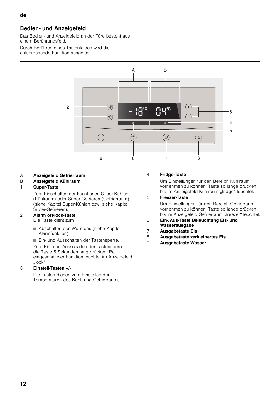 Bedien- und anzeigefeld, De 12 bedien- und anzeigefeld | Neff K5920D1 User Manual | Page 12 / 129