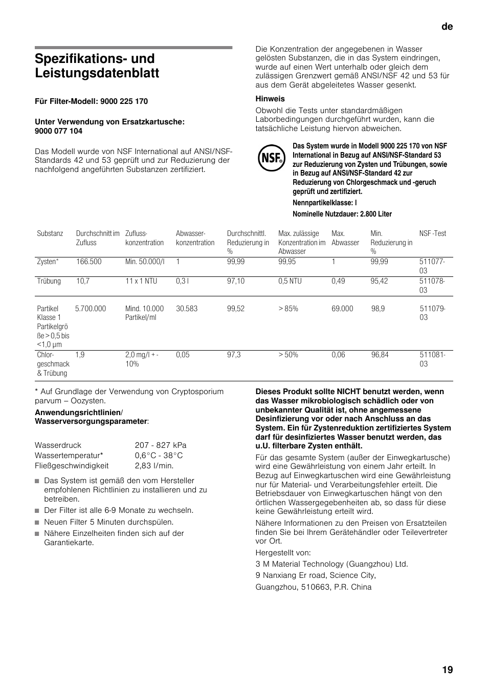 Spezifikations- und leistungsdatenblatt, De 19 | Neff K5920D1 User Manual | Page 19 / 129