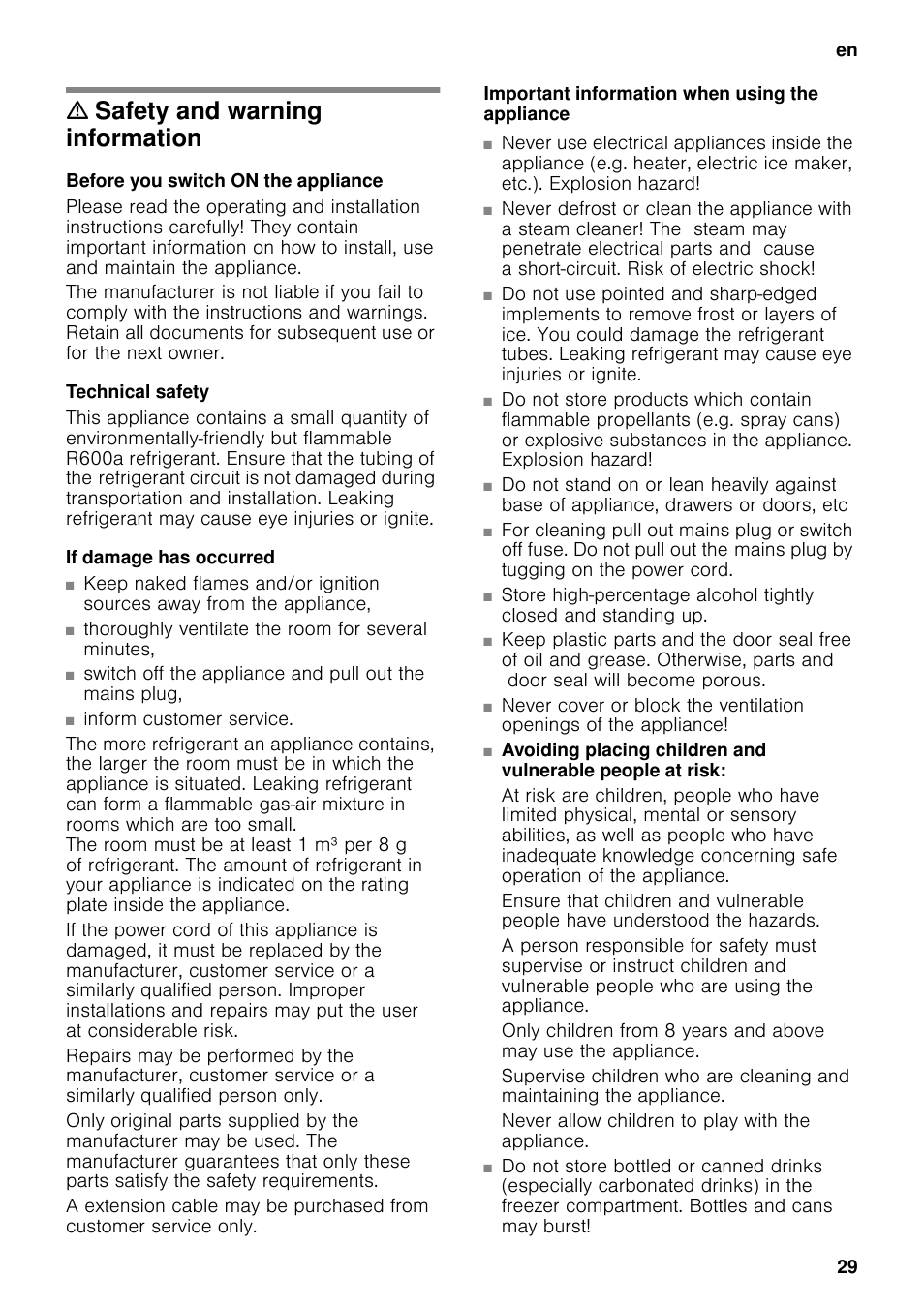 M safety and warning information, Before you switch on the appliance, Technical safety | If damage has occurred, Important information when using the appliance, Safety and warning information | Neff K5920D1 User Manual | Page 29 / 129