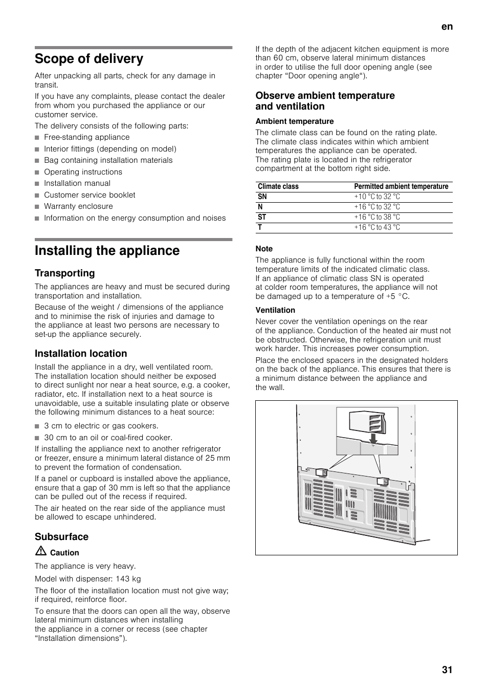 Scope of delivery, Installing the appliance, Transporting | Installation location, Subsurface, Observe ambient temperature and ventilation, Ambient temperature, Ventilation, Scope of delivery installing the appliance, En 31 | Neff K5920D1 User Manual | Page 31 / 129