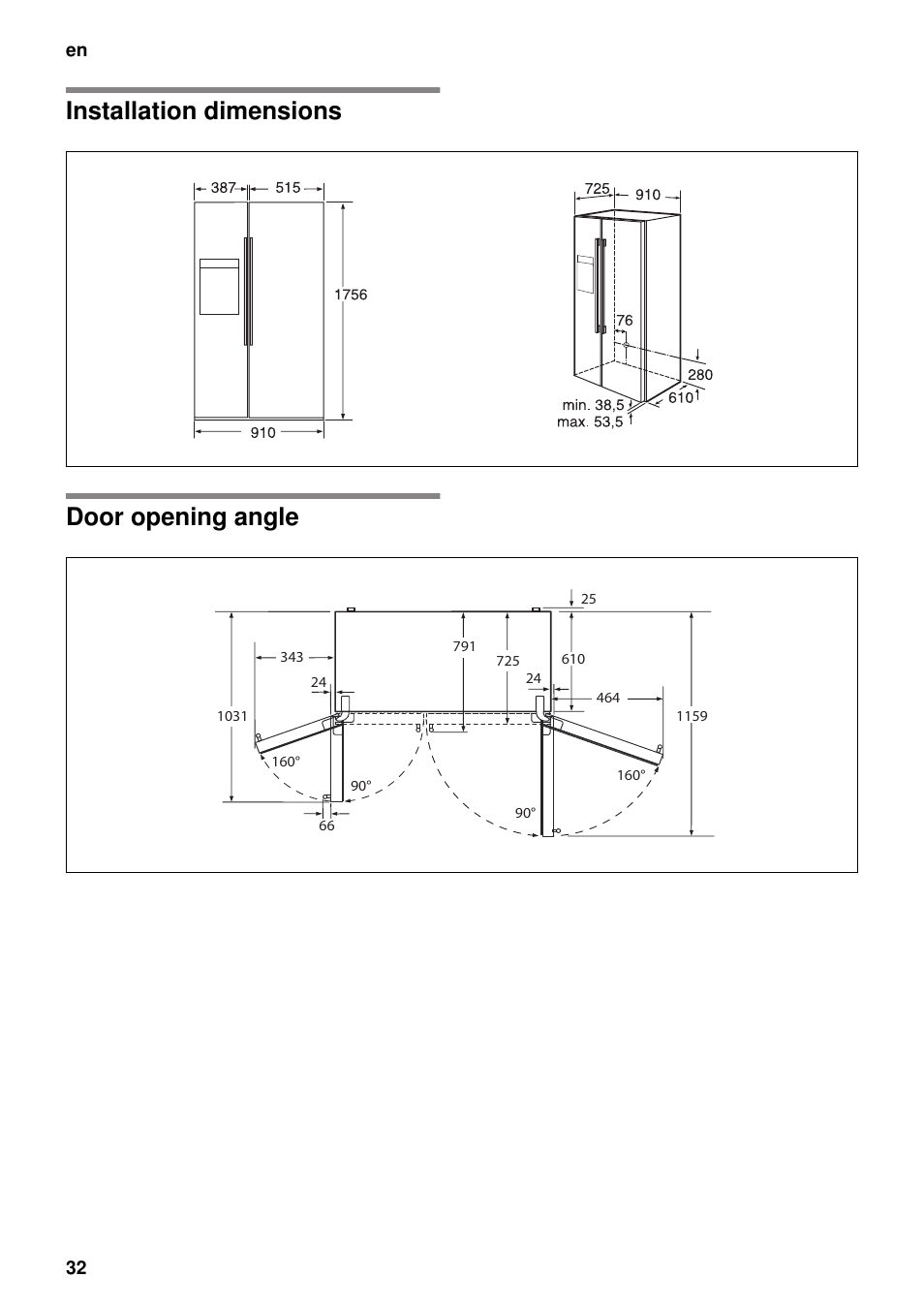 Installation dimensions, Door opening angle, Installation dimensions door opening angle | Neff K5920D1 User Manual | Page 32 / 129