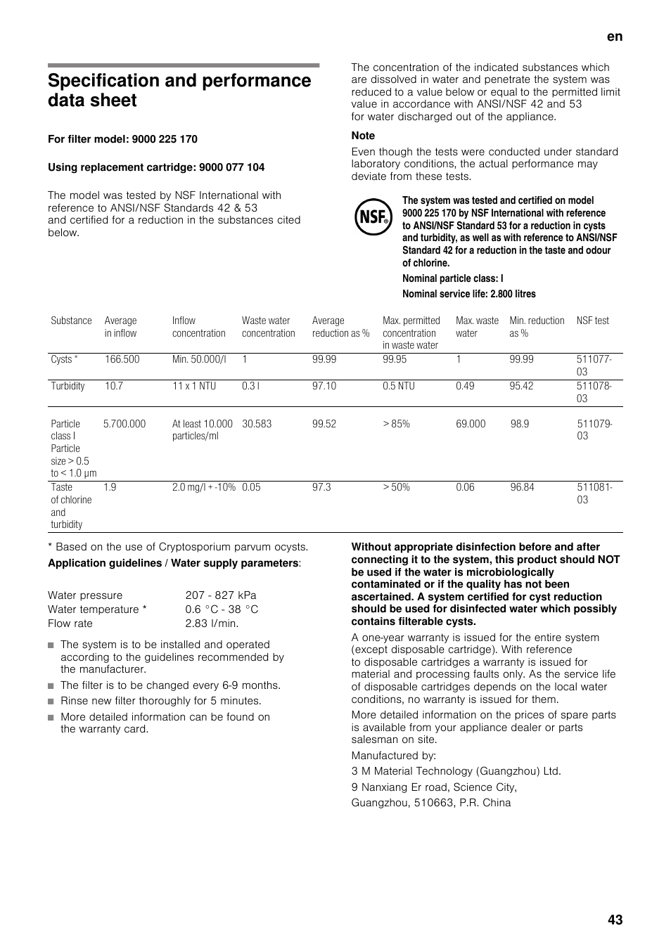 Specification and performance data sheet, En 43 | Neff K5920D1 User Manual | Page 43 / 129