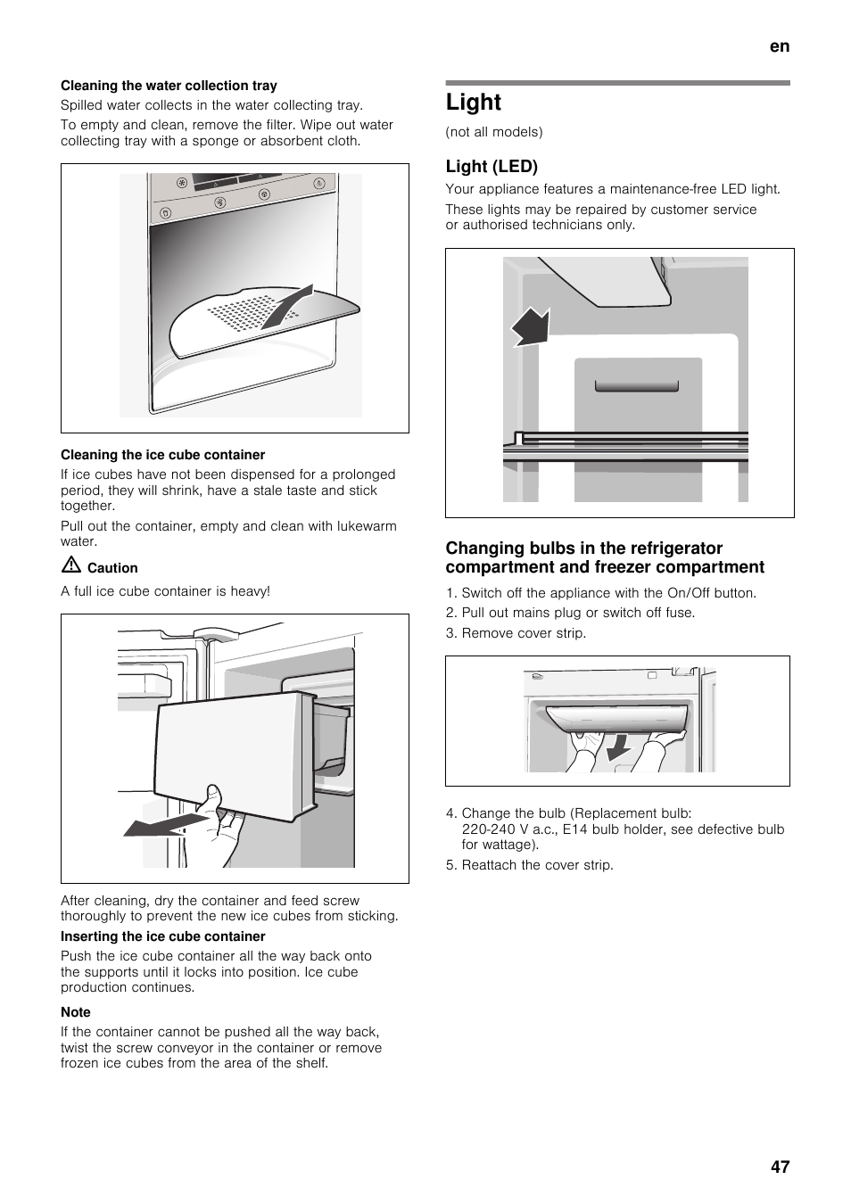 Cleaning the water collection tray, Cleaning the ice cube container, Light | Light (led) | Neff K5920D1 User Manual | Page 47 / 129