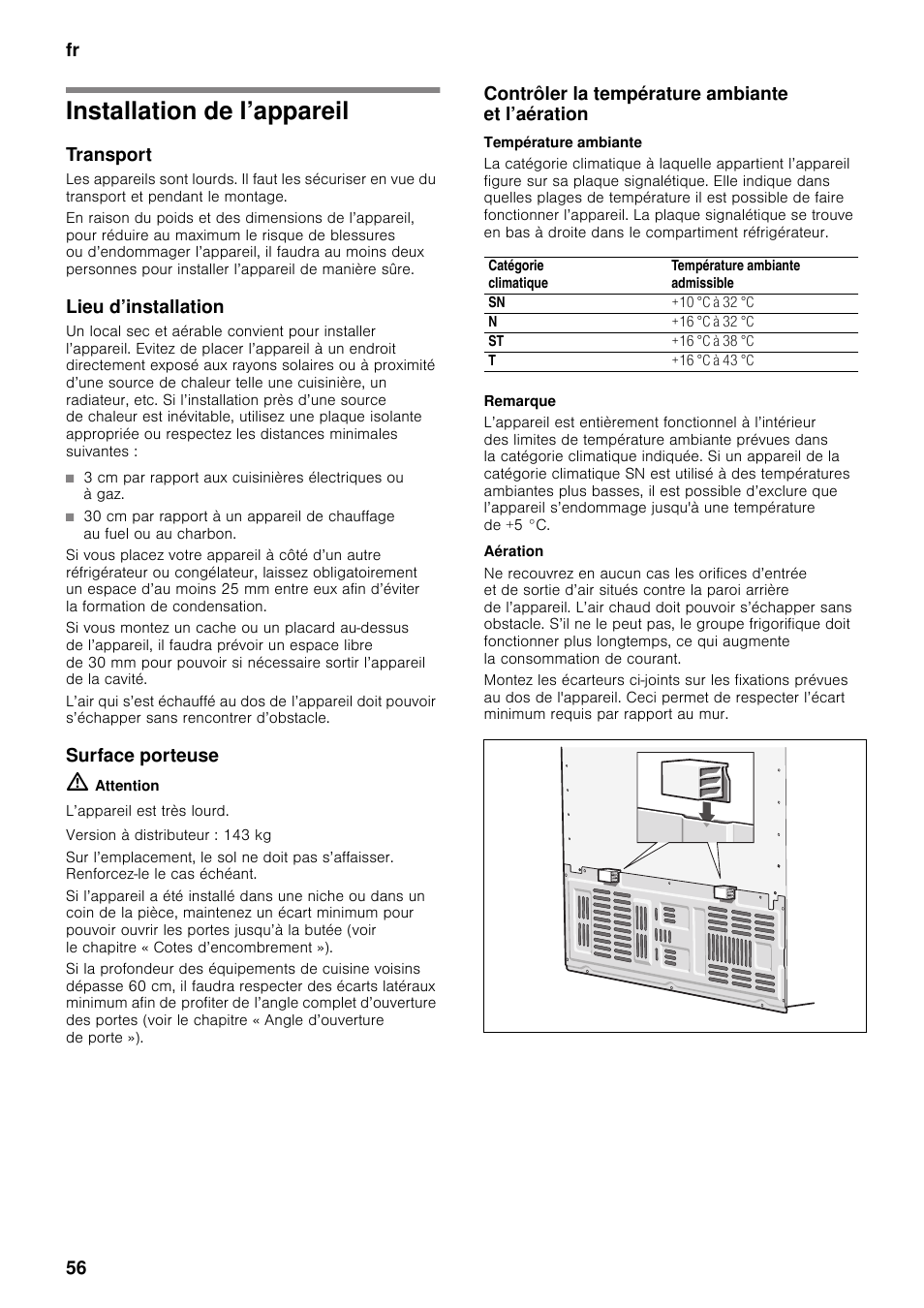 Installation de l’appareil, Transport, Lieu d’installation | Surface porteuse, Contrôler la température ambiante et l’aération, Température ambiante, Aération, Fr 56 | Neff K5920D1 User Manual | Page 56 / 129