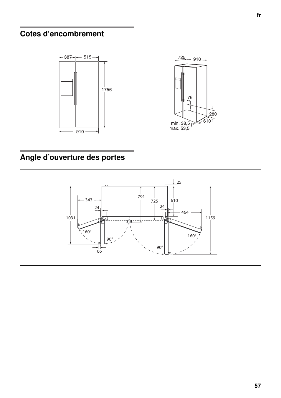 Cotes d’encombrement, Angle d’ouverture des portes, Cotes d’encombrement angle d’ouverture des portes | Neff K5920D1 User Manual | Page 57 / 129