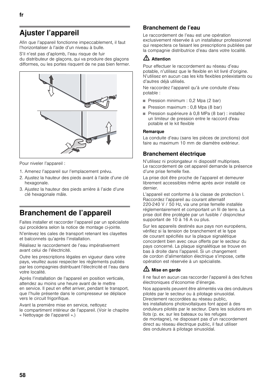 Ajuster l’appareil, Branchement de l’appareil, Branchement de l’eau | Branchement électrique, Ajuster l’appareil branchement de l’appareil, Fr 58 | Neff K5920D1 User Manual | Page 58 / 129