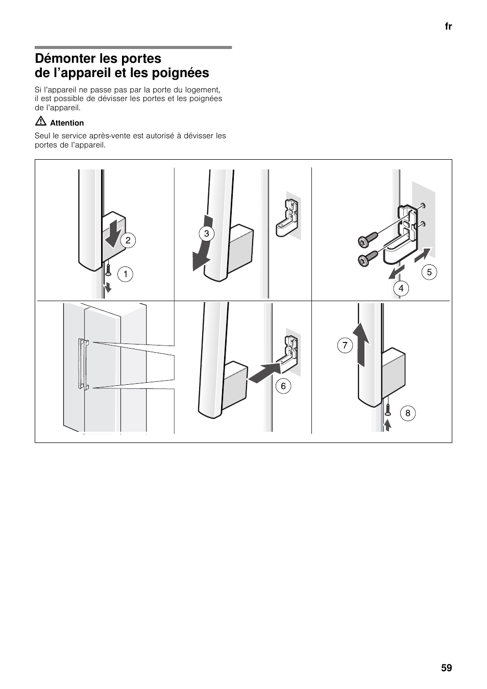 Démonter les portes de l’appareil et les poignées, Poignées | Neff K5920D1 User Manual | Page 59 / 129