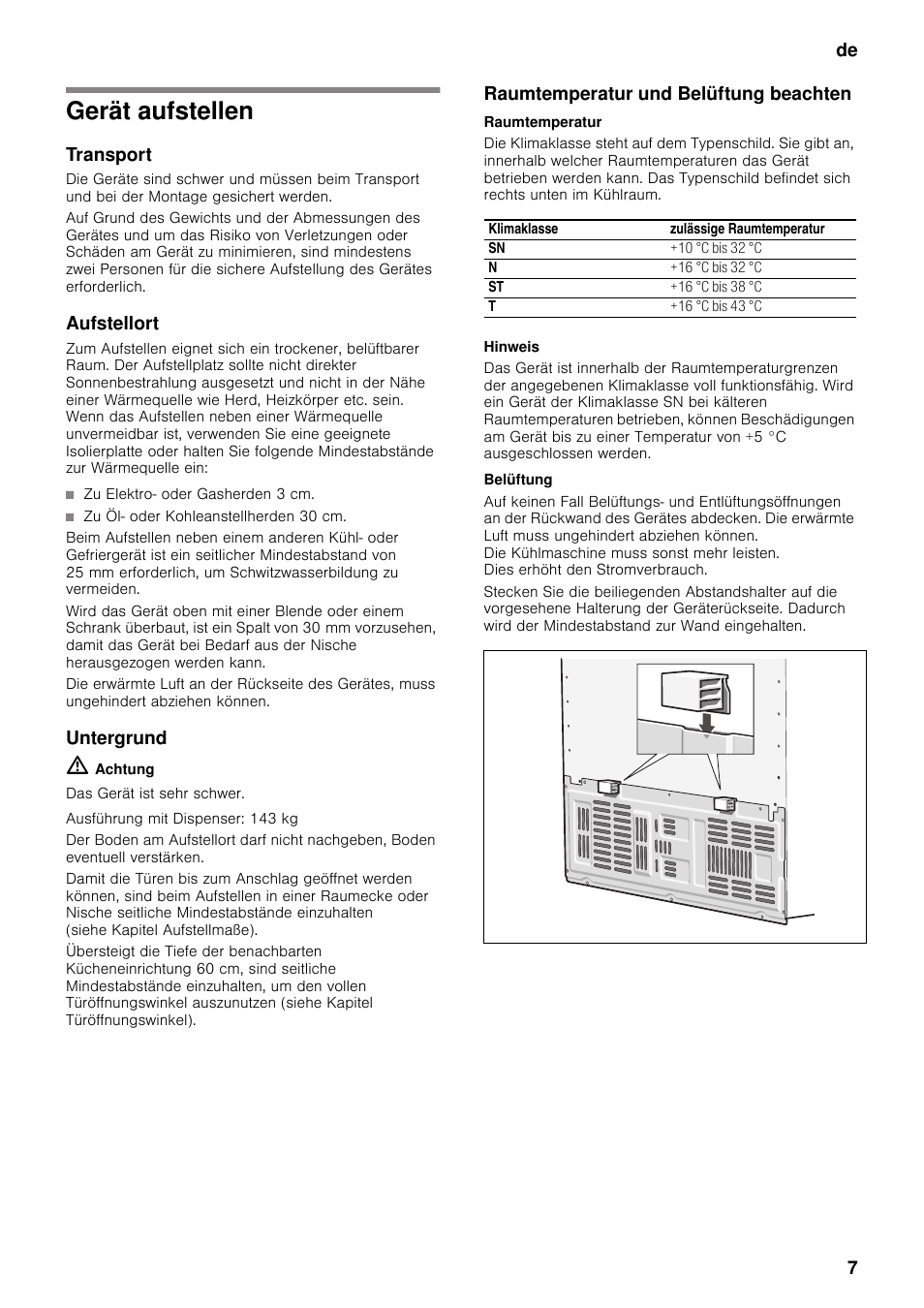 Gerät aufstellen, Transport, Aufstellort | Untergrund, Raumtemperatur und belüftung beachten, Raumtemperatur, Belüftung, De 7 | Neff K5920D1 User Manual | Page 7 / 129