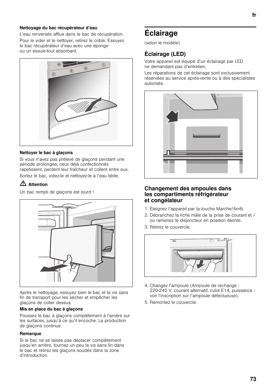 Nettoyage du bac récupérateur d’eau, Nettoyer le bac à glaçons, Éclairage | Éclairage (led) | Neff K5920D1 User Manual | Page 73 / 129